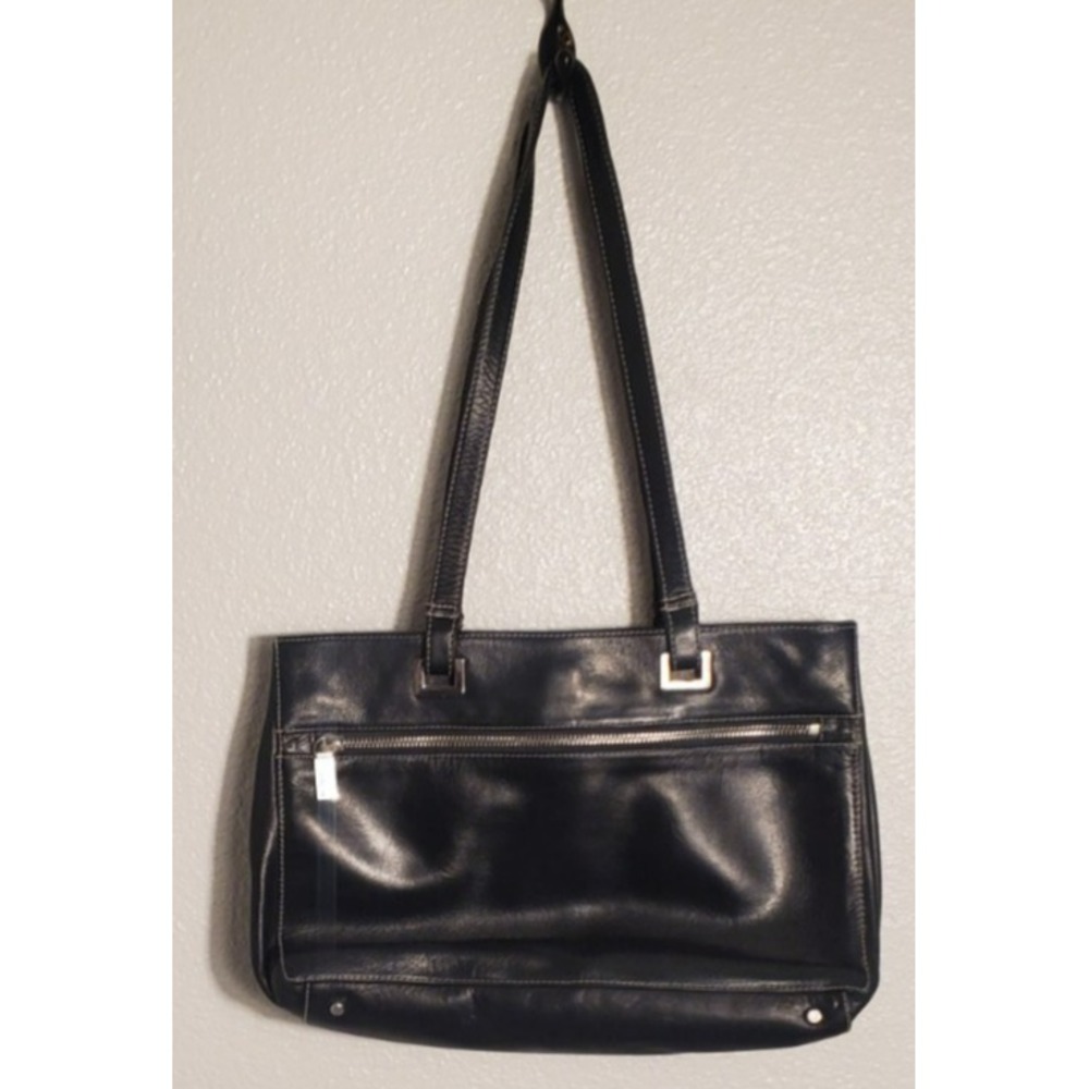 PERLINA Black Shoulder‎ Bag Purse Tote Leather Multi Compartments & Pockets